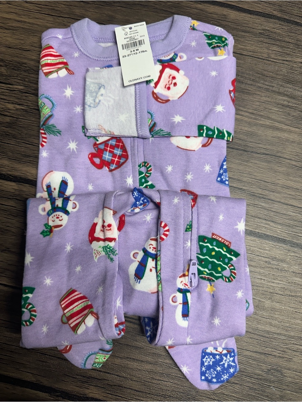 Old Navy Kids Holiday Footed Pajamas - Lilac Snowman & Santa Print
